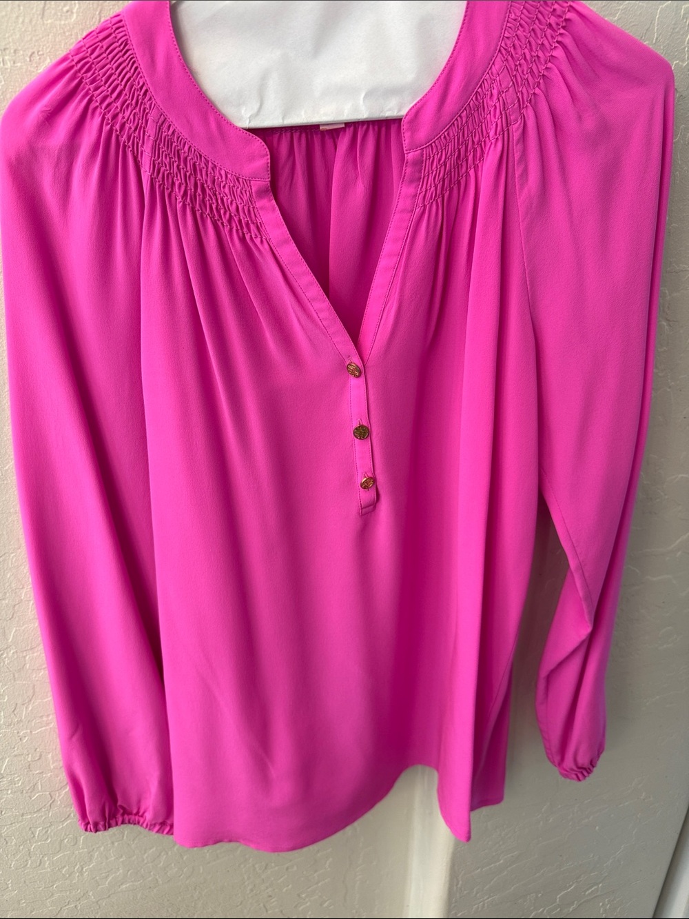 Lilly Pulitzer Hot Pink Smocked Yoke Button-Front Blouse Elsa Top